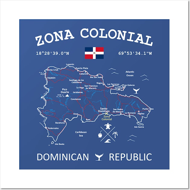 Zona Colonial Dominican Republic Flag Travel Map Coordinates GPS Wall Art by French Salsa